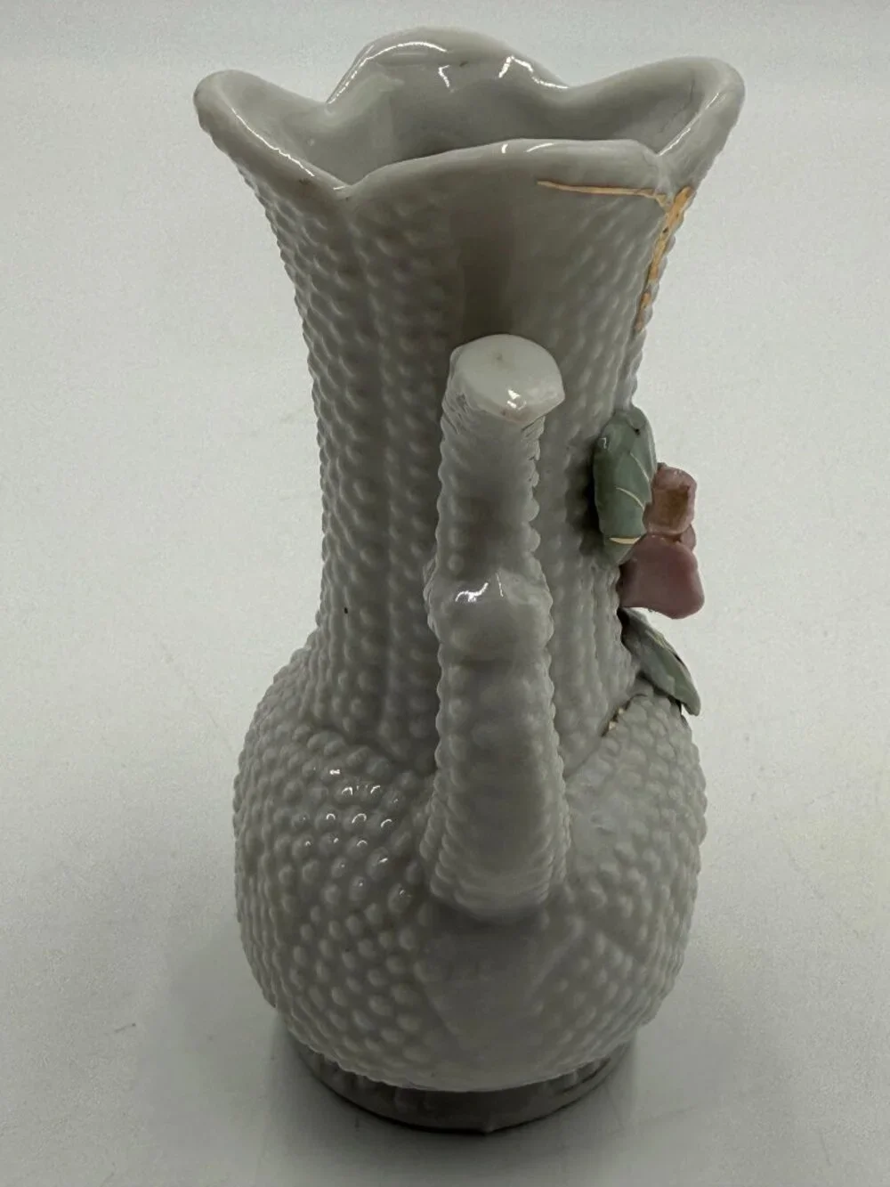 Japan White Hobnail Porcelain Bud Vase Pink Applied Rose Flower 4 in Vintage